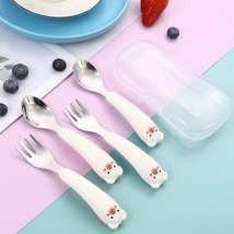 304不锈钢勺子叉子高颜值训练勺卡通勺叉塑料柄便携儿童餐具套装