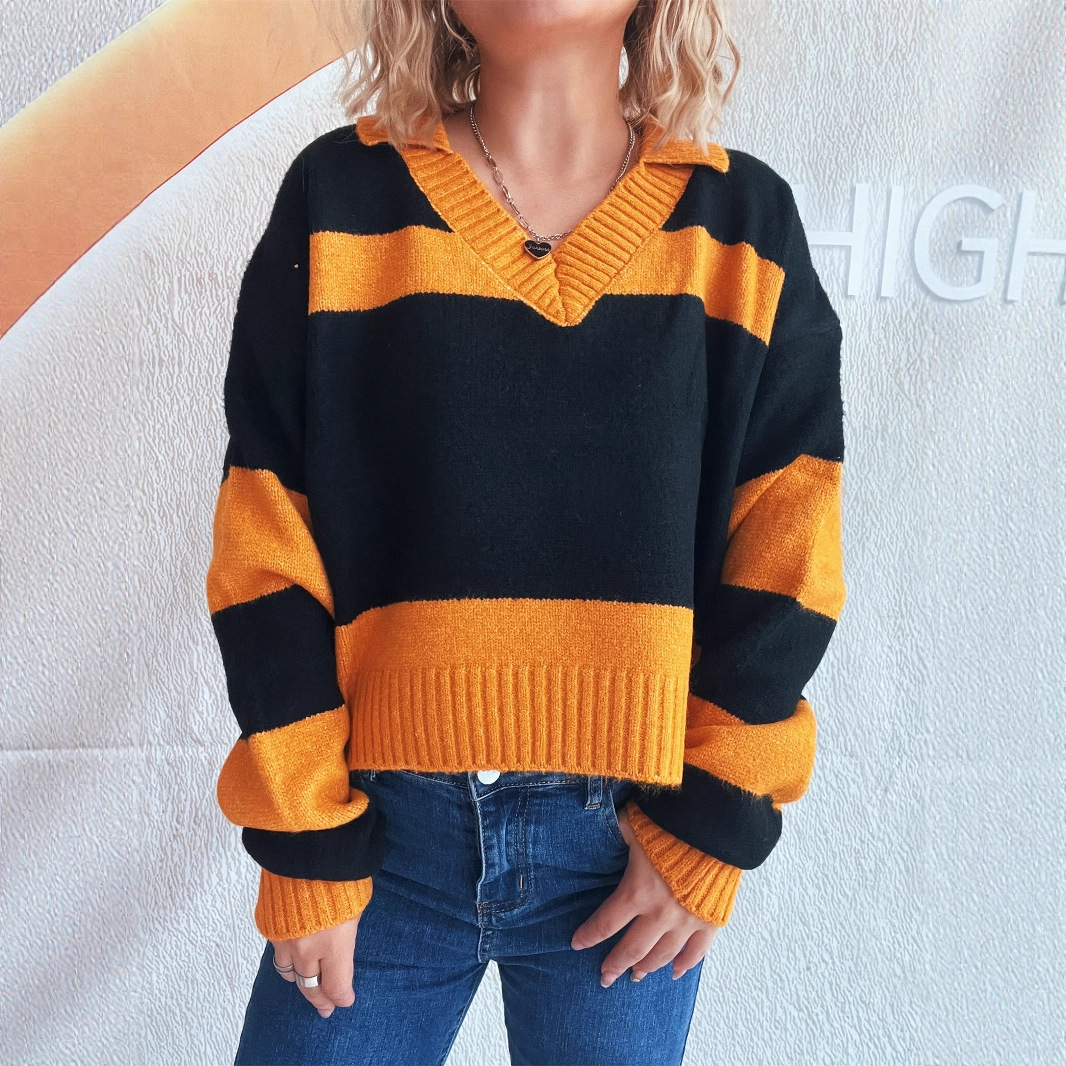 2025 Cross-border Amazon Autumn/Winter New contrasting color striped knitted sweater, lapel commuter long-sleeved women's pullover