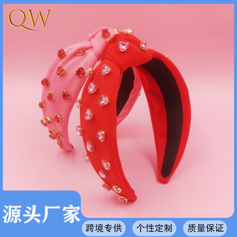 Exclusive Qiwei Accessories, Exclusive new Qiwei Accessories, Cross-border new style, heart-shaped Barbie pink diamond knot, high craniopressure, Valentine's Day outfit, hair band, hair accessory for women