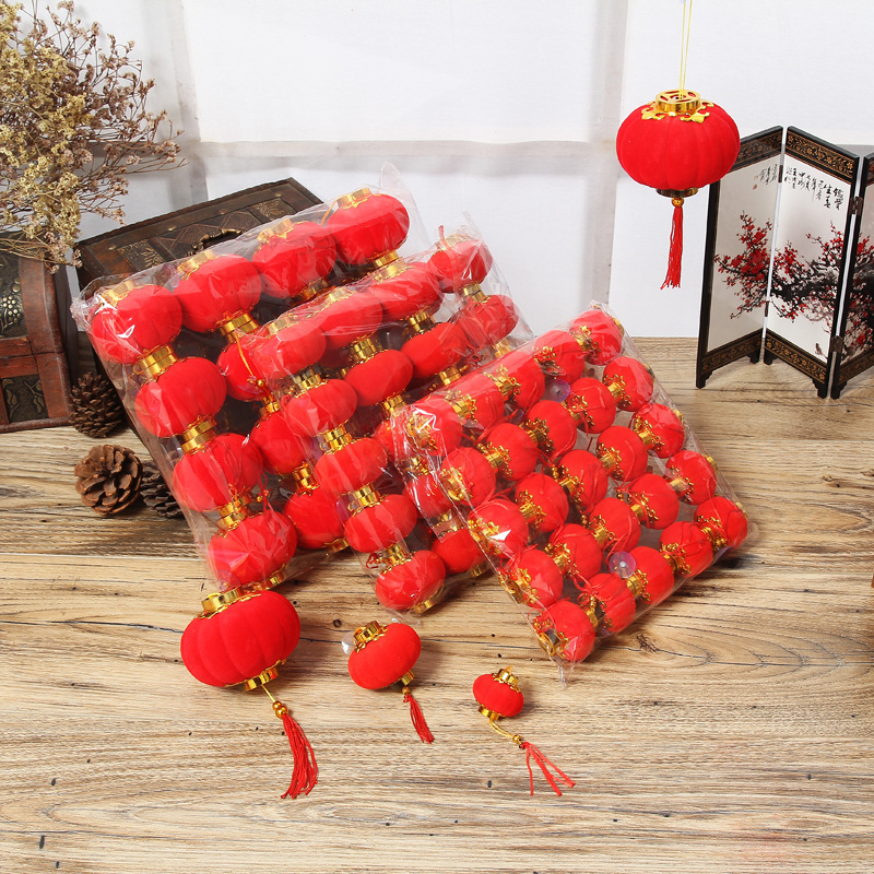 植绒小灯笼结婚新年节庆装饰挂件元旦春节灯笼盆景大红宫灯串批发产品图