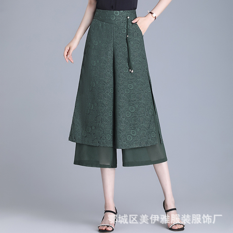 国潮七分裤女夏季薄款裙裤小个子宽松国风裤子垂感冰丝提花白色阔腿裤