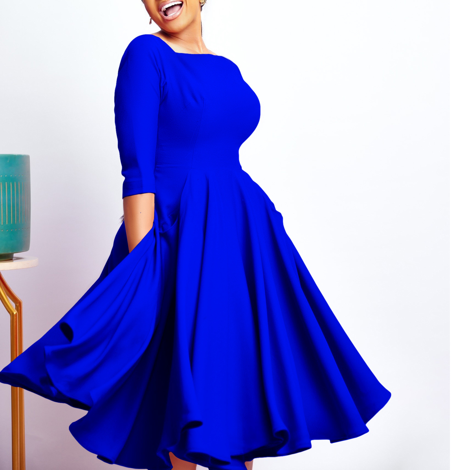 D456 Amazon Cross-Border Women's Autumn And Winter New Fashion Temperament Pocket Skirt Skirt Evening Gown African Dress Specification drawing