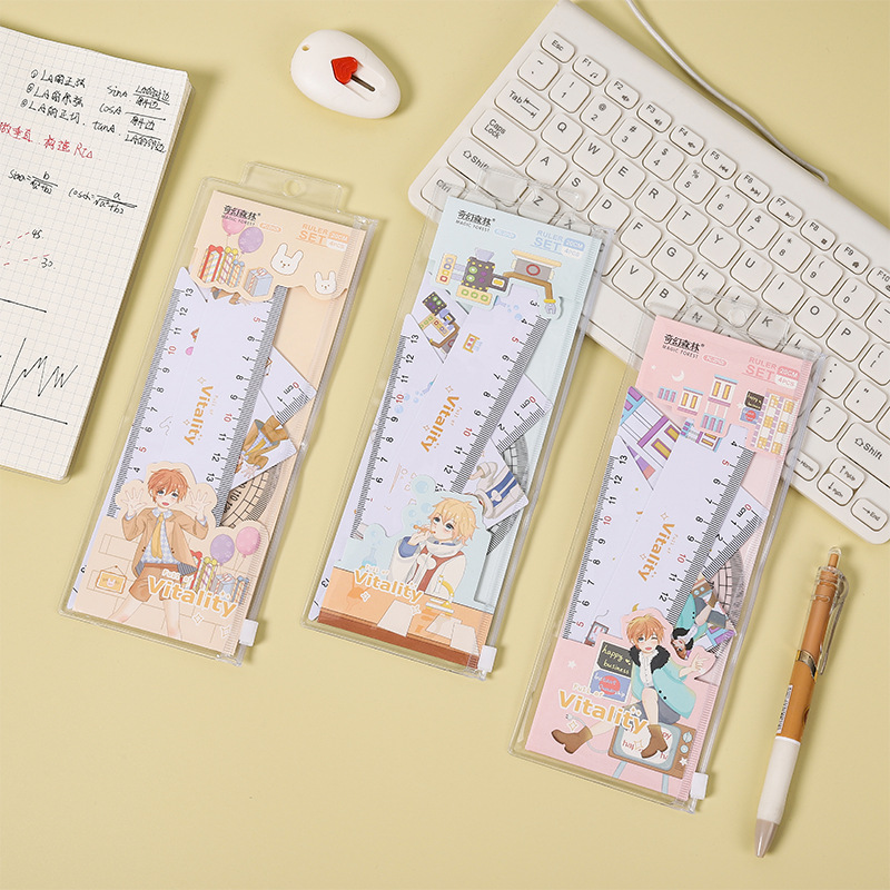 Factory direct sales of 4-piece set of multi-functional student "Youthful Years" animation set square, protractor and plastic set square