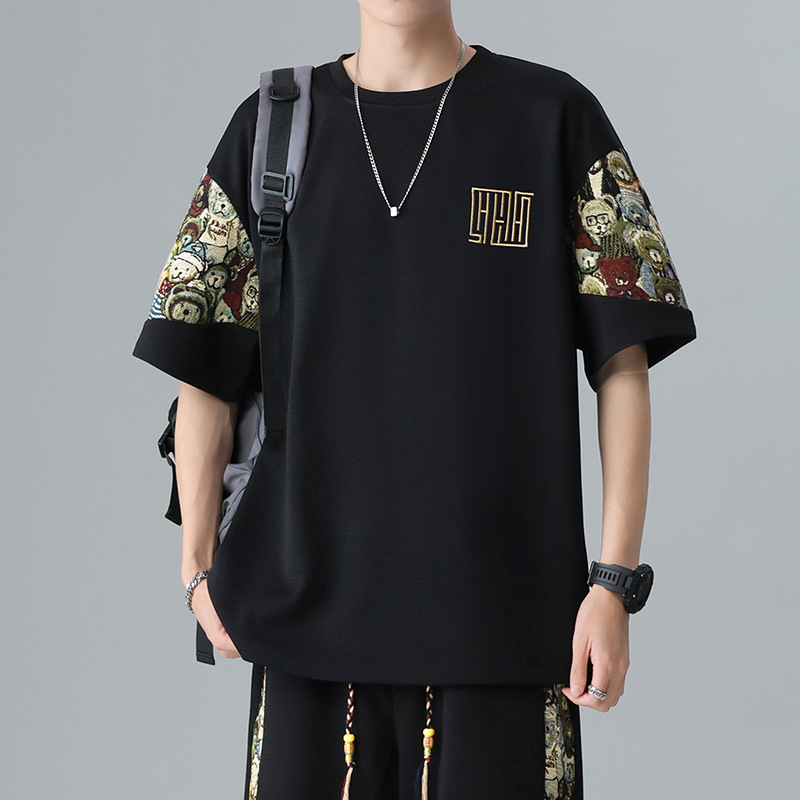 Hong Kong-style teak embroidery Chinese-style T-shirt, men's short-sleeved shirt with a little bear patchwork top, a trendy and versatile outfit for men details Picture