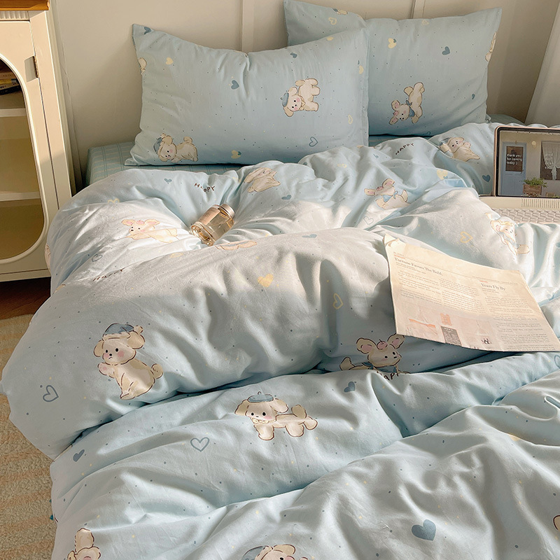 2024 New pure cotton four-piece set, all-cotton bedding, cartoon fresh quilt cover, bed sheet, dormitory three-piece set, bed hat details Picture