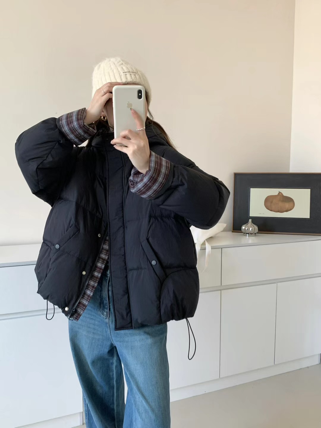 2025冬季新款拼接格子白鹅绒服女士短款连帽加厚外套宽松面包服详情35