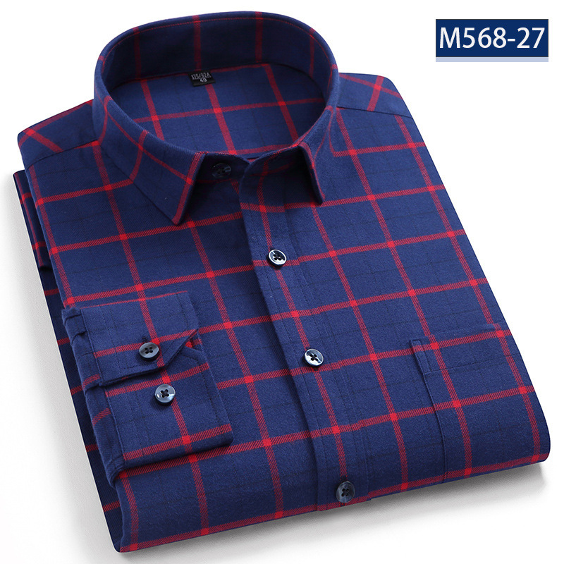 New men's long-sleeved thickened plaid shirt, pure cotton brushed plaid business casual shirt, large size one-piece consignment Application Scenario
