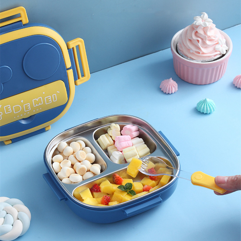Cross-border children's division stainless steel lunch box lunch box bento box plate spoon tableware convenient cartoon set wholesale details Picture