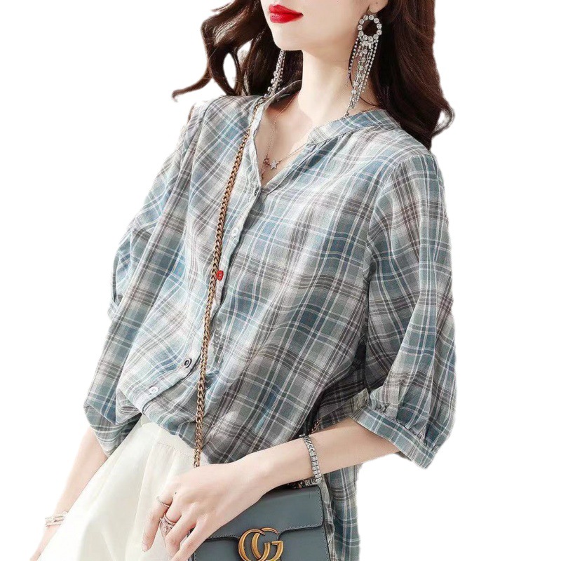 Design Sense Of Small Shirt Women 2023 Summer New Cool Casual Women's Short Sleeve Cotton Plaid Shirt Item Picture