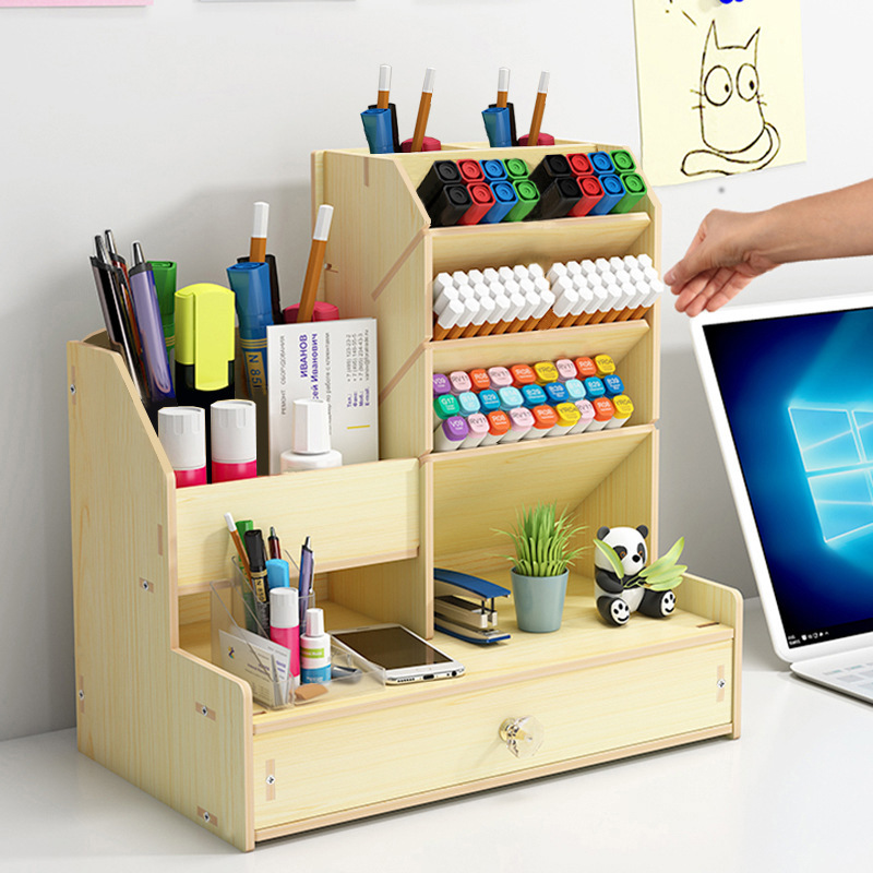 Wooden slanted pen holder stationery storage box