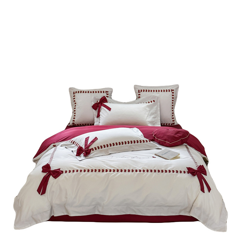 100 pieces of Australian cotton pure cotton four-piece set for wedding, girlish wedding heart, bow embroidery, all-cotton bedding Item Picture