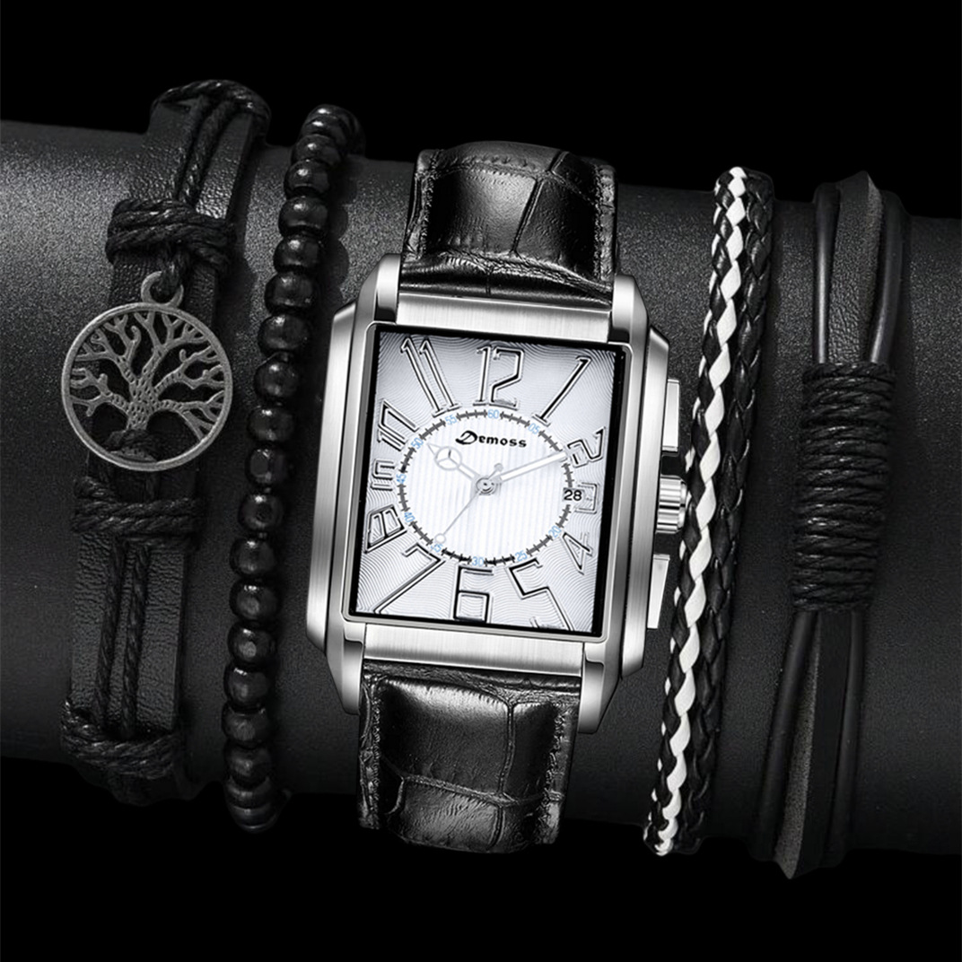Cross-border business personalized men's square trendy and fashionable casual men's steel band calendar quartz watch bracelet set Specification drawing