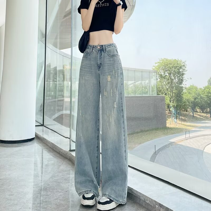 Large-sized retro washed and polished white jeans for women, new Spring and autumn style, high-waisted and plump girls, loose and slimming wide-leg floor-length pants