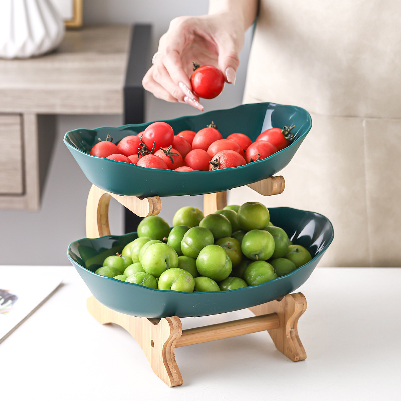 Creative three-layer and multi-layer fruit plate, European-style ceramic dried fruit plate, bamboo and wood rack, home snack plate, candy tray, fruit basket Specification image