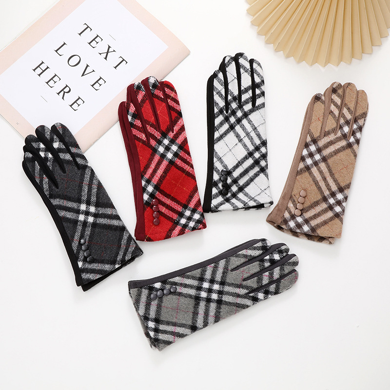 秋冬天格子羊毛手套日系少女学生韩版分指触屏羊绒加绒加厚手套