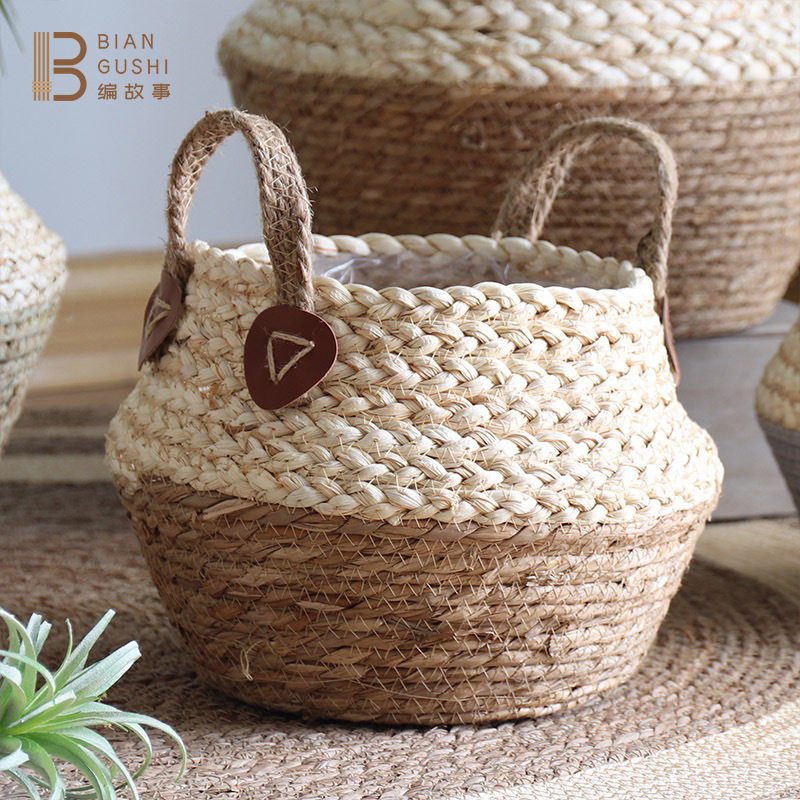 Creative Nordic Rattan Woven Grass Woven Flower Pot Folding Basket Home Green Plant Pot Floor Decoration Storage Basket Specification drawing