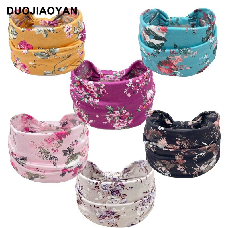 Wholesale of new European and American fashionable printed hair bands, elastic knotted wide-edge hair ties, rose yoga sports hair bands Item Picture