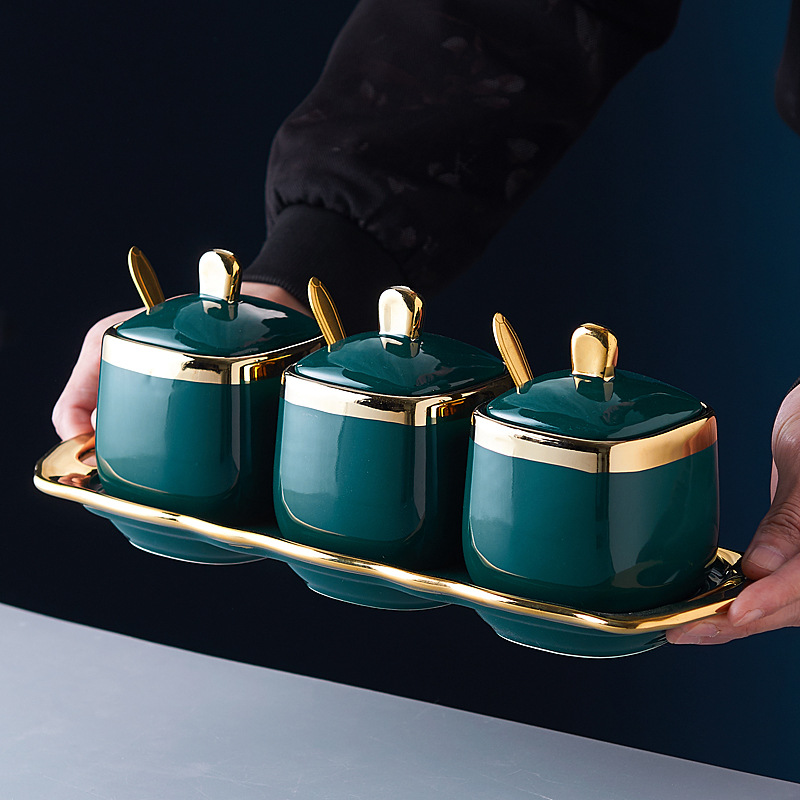 Light Luxury Phnom Penh Ceramic Seasoning Tank Kitchen Supplies Seasoning Tank Set Household Seasoning Box Three-Piece Salt Tank Wholesale details Picture