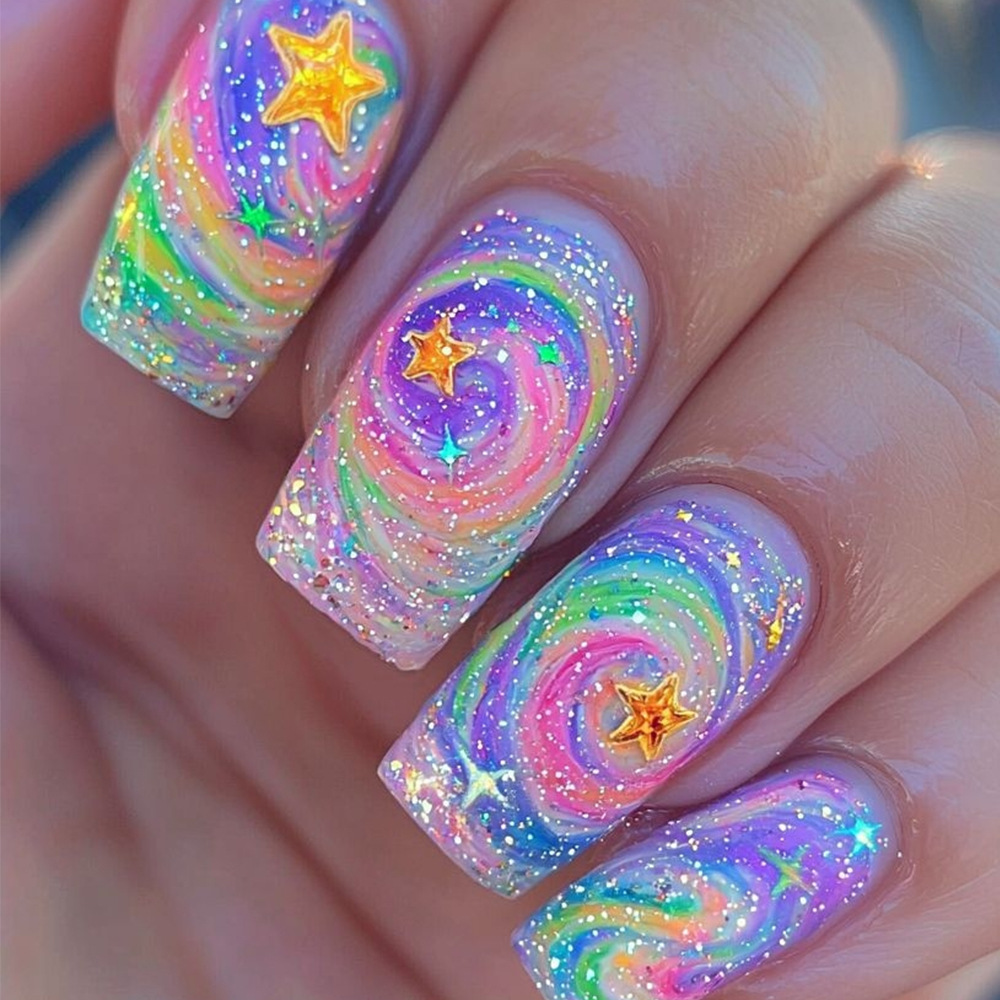 Wholesale of starry gradient nail nails, star relief nail patches, and popular planetary wearable nails in Europe and America