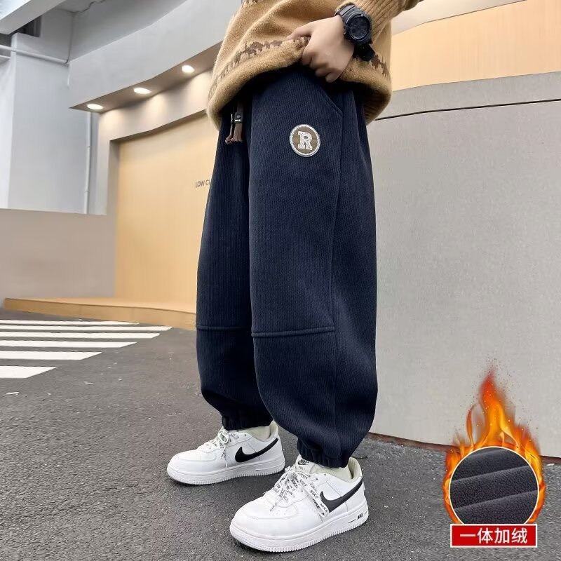 男童冬季加绒裤子秋冬款2024新款儿童棉运动裤一体绒中大童厚卫裤