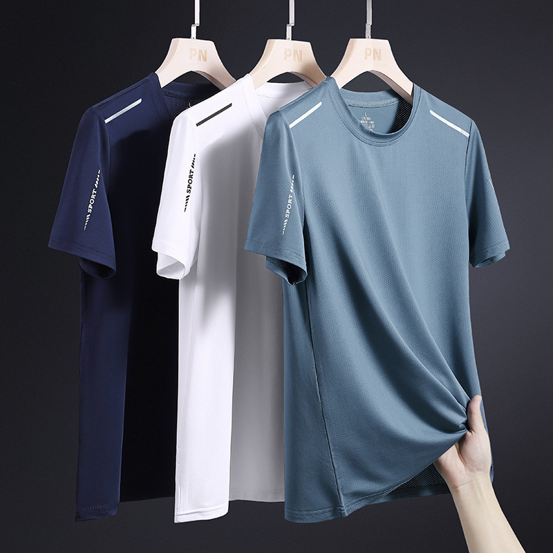 Summer ice silk short-sleeved T-shirt for men, quick-drying sporty unisex men's wear, round-neck clothes for middle-aged dads