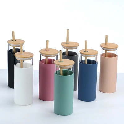 Off-The-Shelf Amazon Cross-Border Bamboo Cover Single-Layer High Borosilicate Glass With Silicone Straw Cup Logo Printing