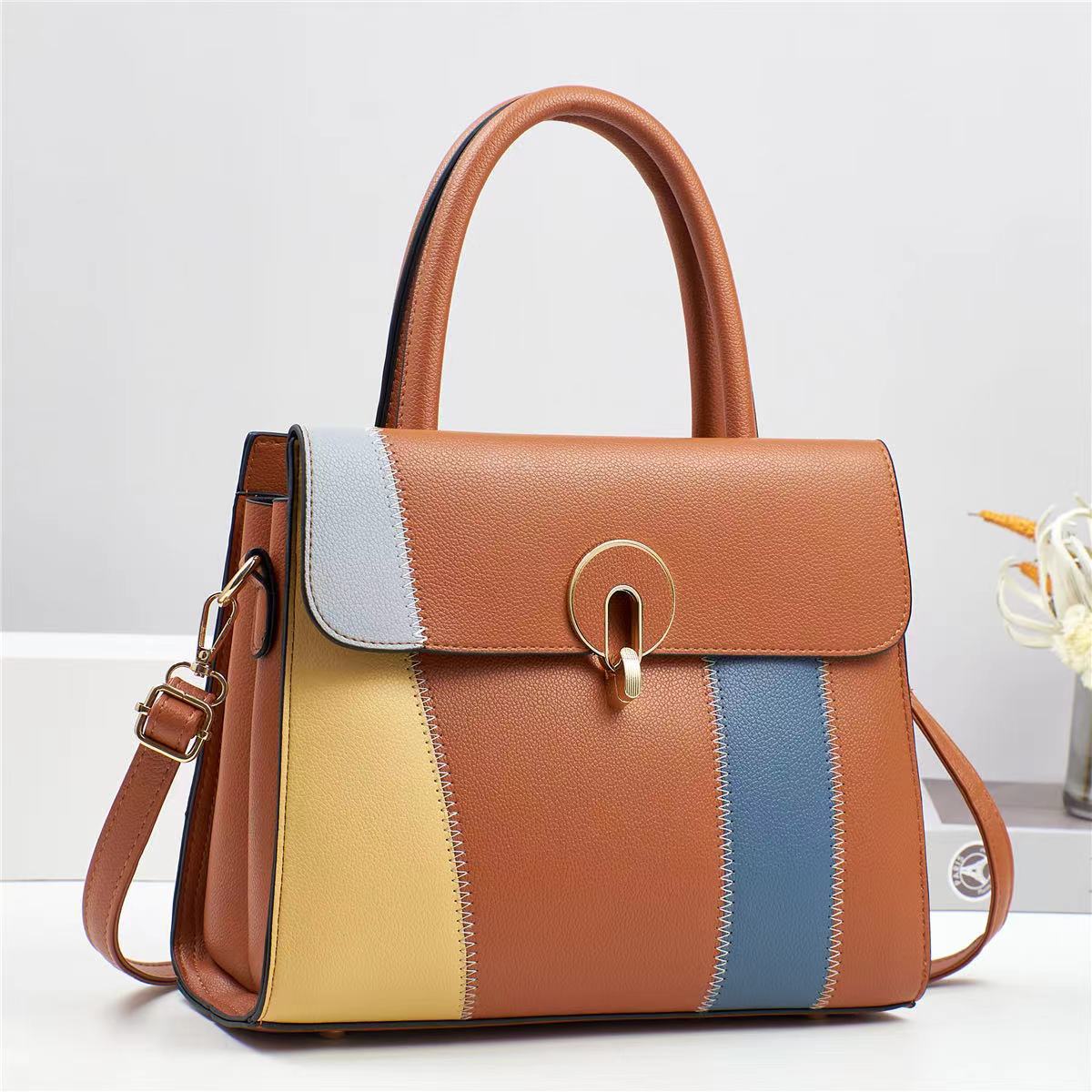 New Patchwork Color Contrast Handbag Fashion Cross-Border Trend Women's Bag Advanced Sense Large Capacity Shoulder Bag Crossbody Bag Specification drawing