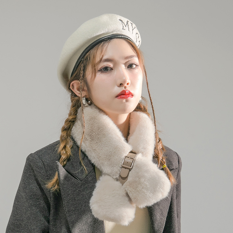 2022 New Leather Buckle Plush Scarf Korean Version Imitation Rabbit Hair Cross Warm Bib Solid Color Fur Collar Collar Wholesale Item Picture