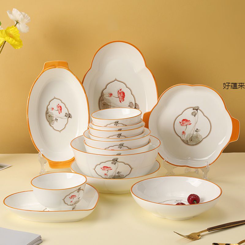 新中式轻奢家用陶瓷碗盘套装加厚防烫饭碗面碗菜盘烤盘烤碗餐具详情图1
