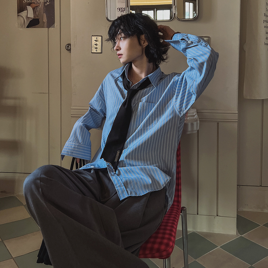 MYQ Japanese striped long-sleeved shirt for men, loose and casual autumn shirt, Korean-style commuting old money style outfit Application Scenario