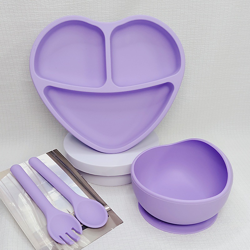 Children's silicone dinner plates, baby products, baby complementary food bowls, forks and spoons, heart-shaped dinner plates, four-piece tableware set in stock details Picture