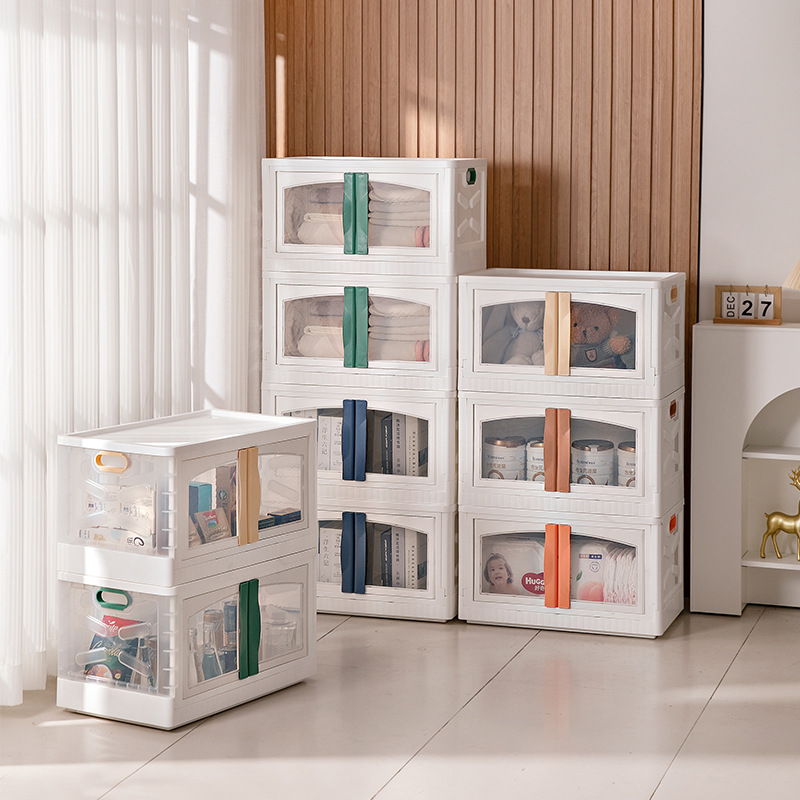 Plastic storage box, household snack and toy organizing box, transparent folding box, foldable front door folding storage cabinet 0753 details Picture