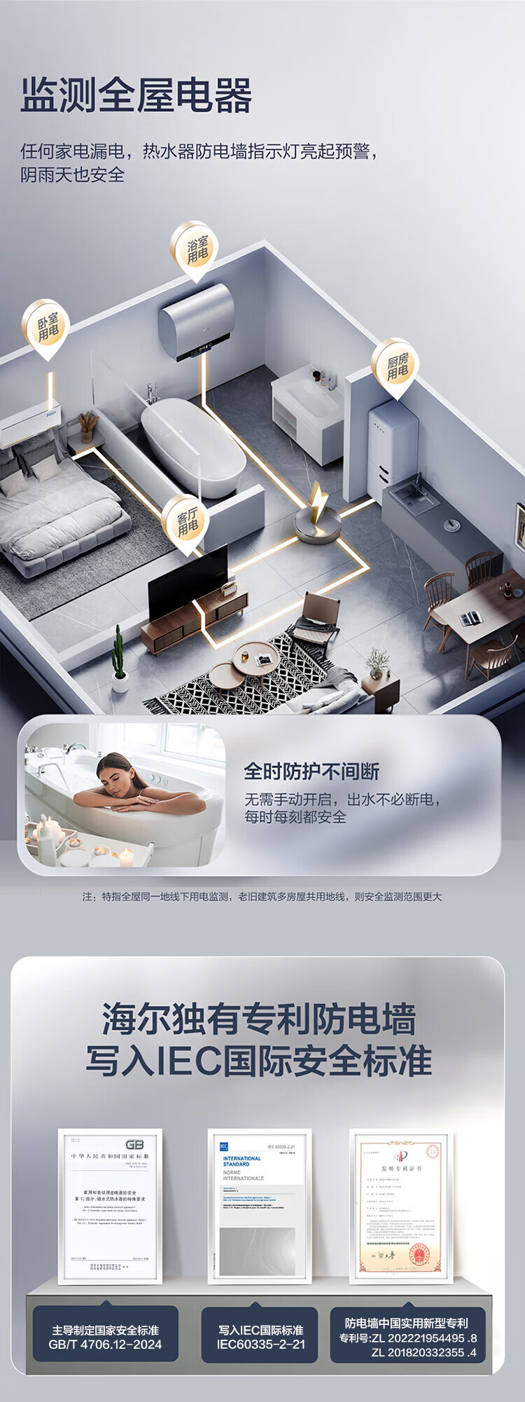 海尔扁桶电热水器60升80L家用超薄双胆抑菌3KW速热一级能效抑菌详情17