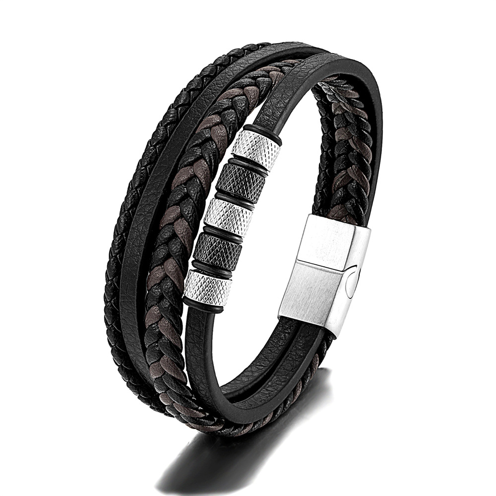 Cross-Border Foreign Trade Simple Stainless Steel Leather Rope Bracelet Europe And The United States Popular Multi-Layer Black Leather Woven Men's Bracelet details Picture