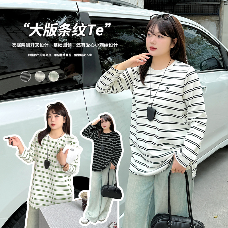 Ino plus-size women's loose large striped T-shirt for women 2025 Spring New Round Neck Cover-up top 132111