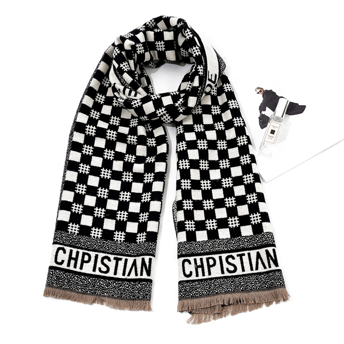 New autumn and winter fashion Korean-style checkerboard checkered letter double-sided thickened warm faux cashmere short beard men's scarf Specification image