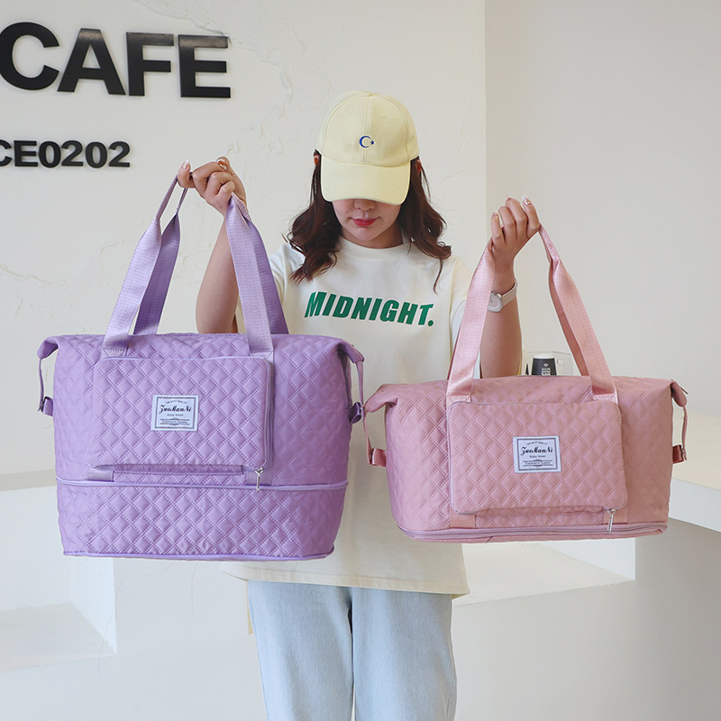 T in-stock storage bag, Korean-style embroidered thread diamond pattern travel and fitness bag, single-shoulder handbag, large-capacity folding luggage bag details Picture