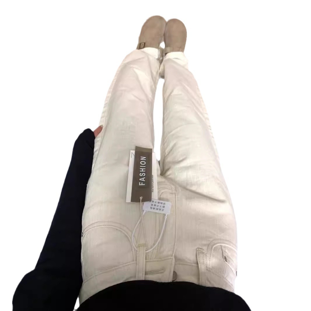 Light apricot vertical striped narrow straight-leg jeans for women, new spring and autumn style, a niche high-waisted, slimming wide-leg floor-length pants Item Picture