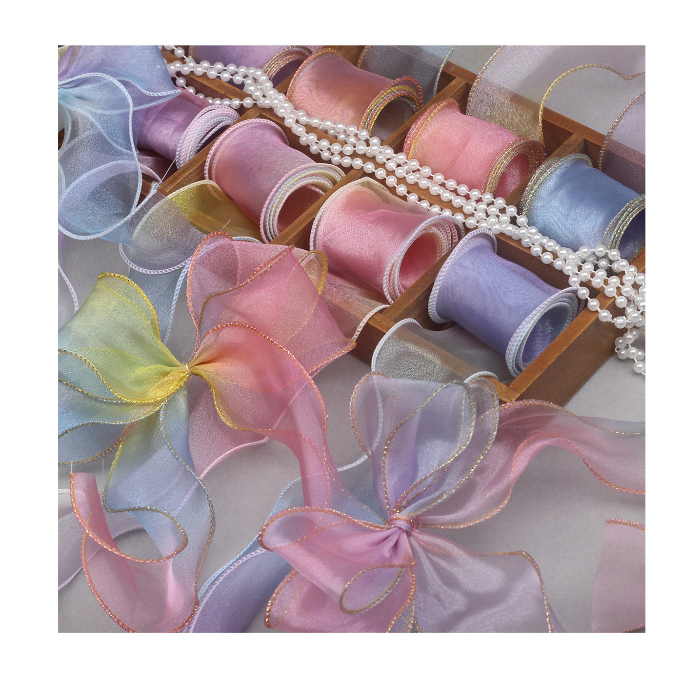 5.5cm gradient yarn rainbow yarn hair accessory packaging strap, overlock edge wavy fishtail yarn bow ribbon Item Picture