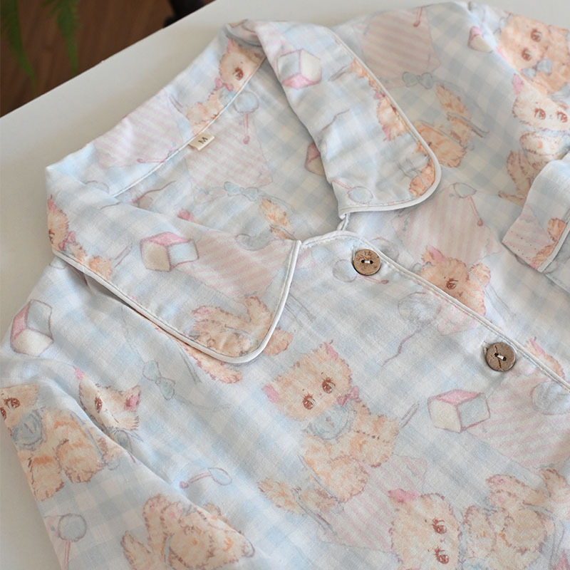 100%A类纯棉双层棉纱条纹小狗四季长袖翻领开衫女家居睡衣套详情24