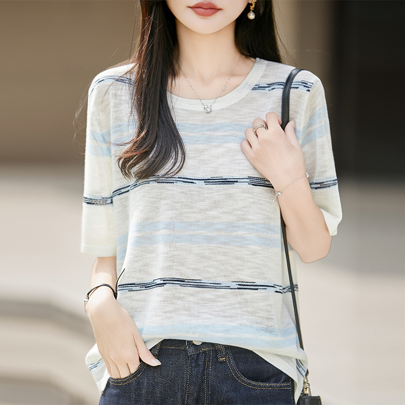 Spring/Summer 2026 new bamboo-joint linen round-neck knitted sweater, short-sleeved, color-blocked striped base layer, top and T-shirt