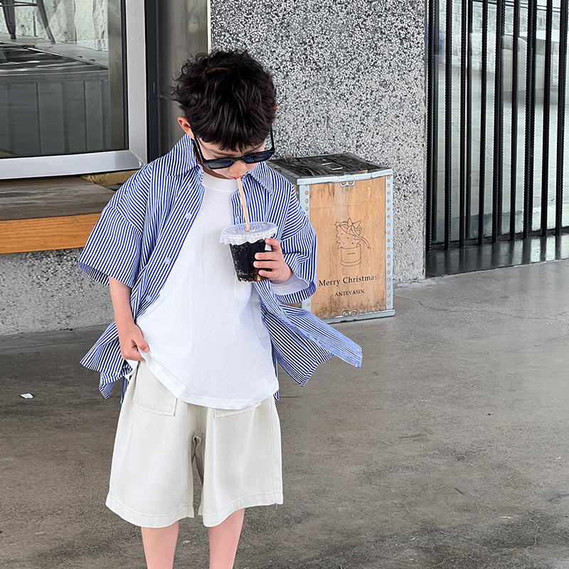 Children's clothing: Short-sleeved shirts for boys, summer coats for kids, new summer 2024, breathable striped shirts for little boys, trendy Specification image