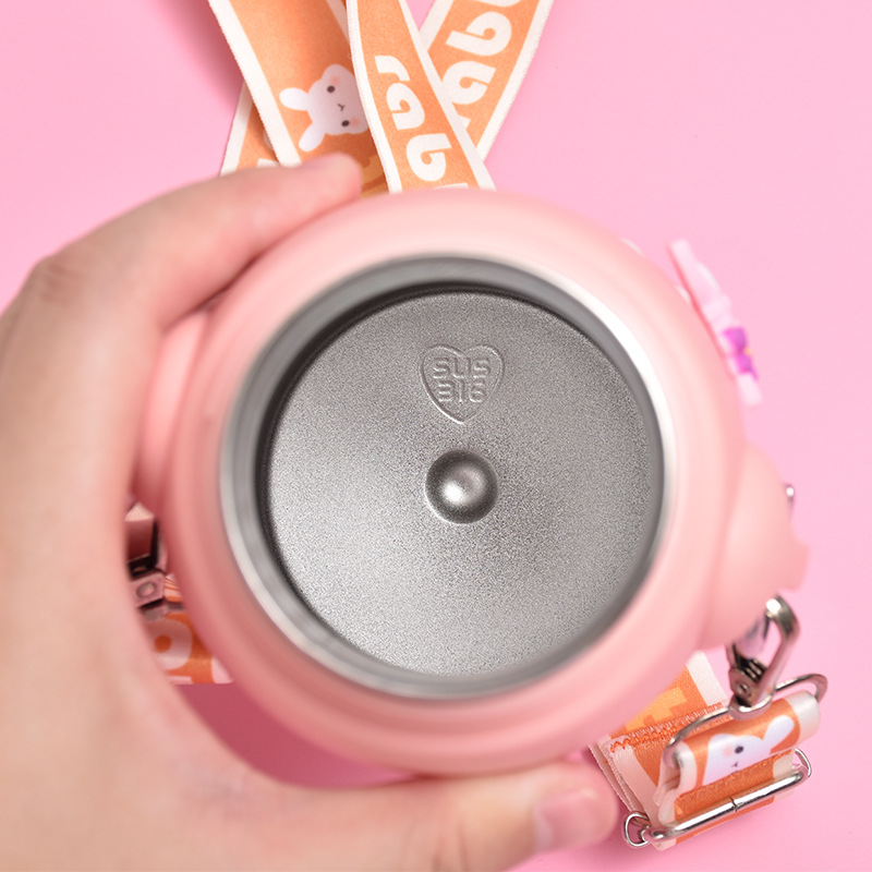 Cute Rabbit Bouncing Lid insulated cup, 316 stainless steel double-layer with back strap, children's straw cup Specification image