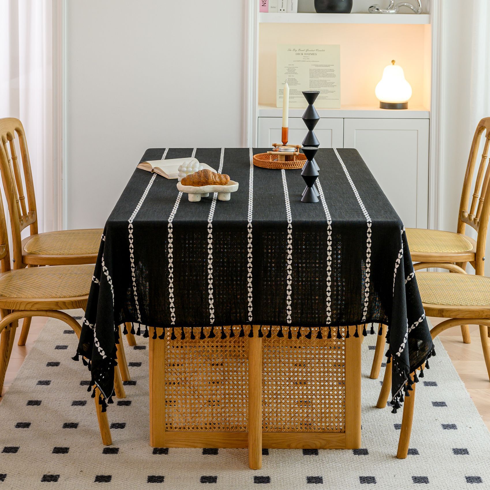 Cross-border three-dimensional embroidered striped tablecloth, popular black solid color, white cotton and linen tablecloth cover, fabric outdoor party