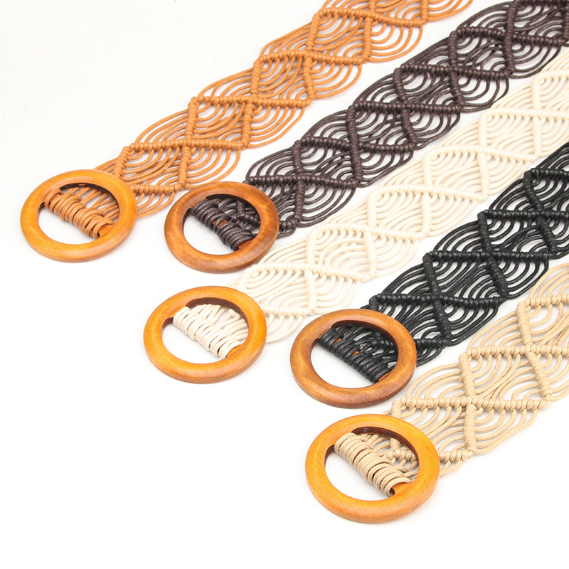 The New National Style Ladies Wax Rope Woven Belt Decorative Skirt Belt Pure Hand Woven Hollow Wood Buckle Belt details Picture