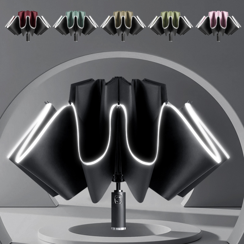 Creative fully automatic reverse umbrella, reflective black rubber sunshade and sun protection umbrella, printed logo gift advertising umbrella details Picture