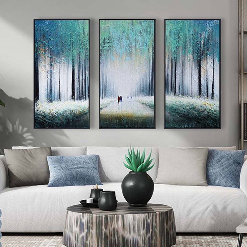 Pure hand-painted oil painting, minimalist living room three-piece combination decorative painting, abstract landscape street scene, knife painting, handcrafted painting of Dafen Village