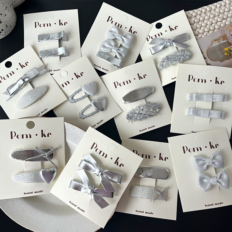 New Korean-style silver leather bow hair clips and hairpins, a high-end girl's versatile bangs hair accessory details Picture