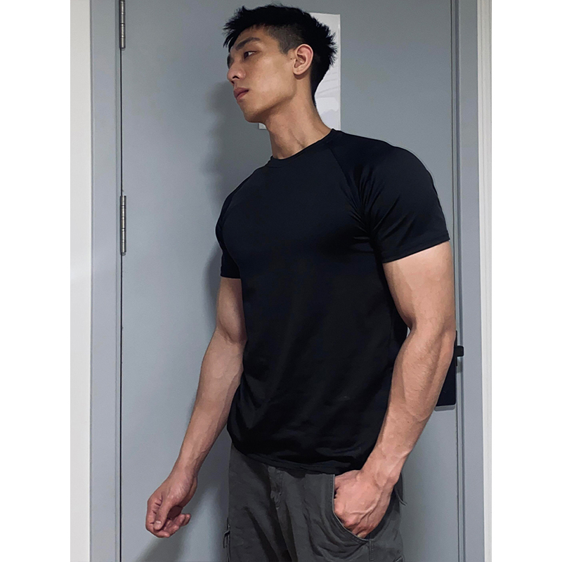 美式复古黑色收袖口t恤男款重磅小领口修身显肌肉短袖正肩三分袖