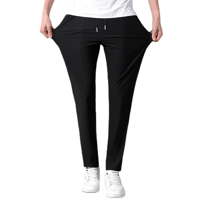 High-end ice silk casual dress pants for men, summer lightweight, breathable, drawstring, non-ironing straight-leg stretch business casual pants Item Picture
